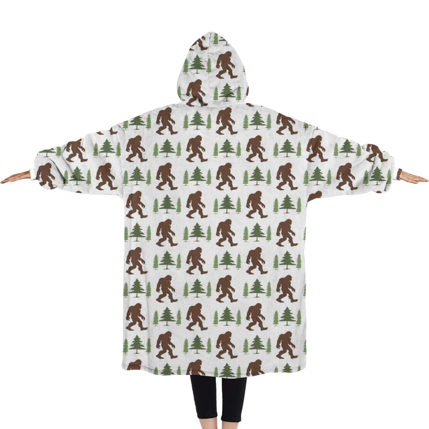 Oversized Wearable Blanket Hoodie,Brown Bigfoot and Tree Pattern Sherpa Blanket Hoodie with Super Pockets,Super Warm Fuzzy Pullover for Women & Men