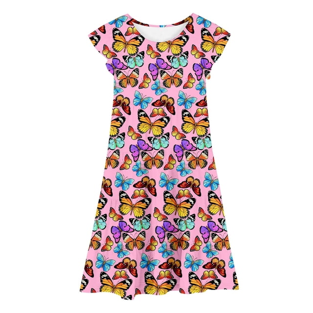 MIASHUI Robe à Manches Volantées pour Filles Tenue Décontractée d'Été Fête Imprimé Coloré Taille Élastique Confortable Robe pour Enfants Rose, 6-7 Ans