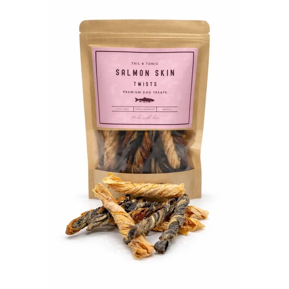 Tail & Tonic Salmon Skin Air-Dried Chewy Fish Skins Dental Chews Twist for Dogs