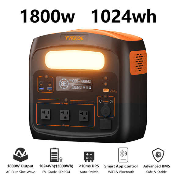 YVKKOE 1800W Portable Power Station, 1024Wh LiFePO4 Solar Generator, 3000W Peak, 1300W Fast Charge, 400W Solar Input, ≤15ms UPS, 10 Outlets, for Home Backup Camping RV Outdoor Emergency