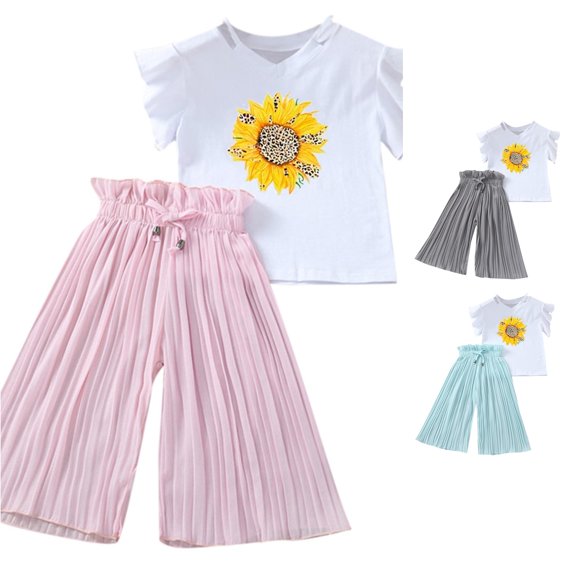 HCYSFG Girls Graphic Print Outfit Sets 2 Piece Short Flutter Sleeve Cold Shoulder Clothing Sets T Shirt And Pleated Wide Leg Pants Matching Sets