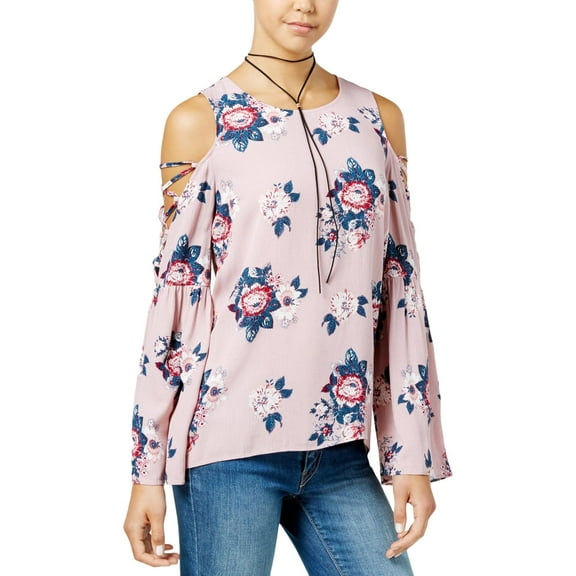Hippie Rose Womens Floral Print Cold Shoulder Blouse Pink S