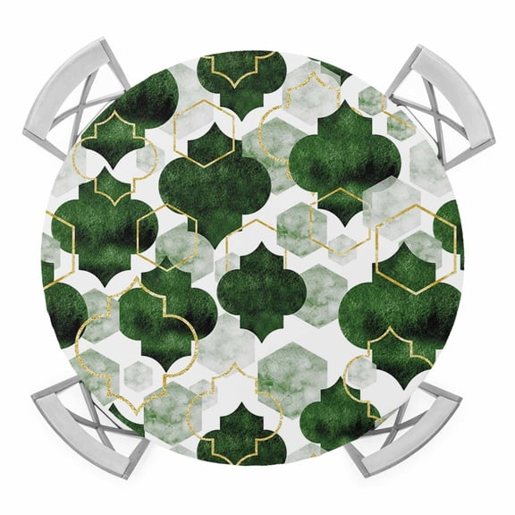 Elastic Fitted Round Tablecloth, Dark Green Geometric Moroccan Waterproof Stretch Table Cover for 55"-60" Tables, Abstract Art Ombre Modern Washable Outdoor Tablecloths for Patio, Picnic, Camping