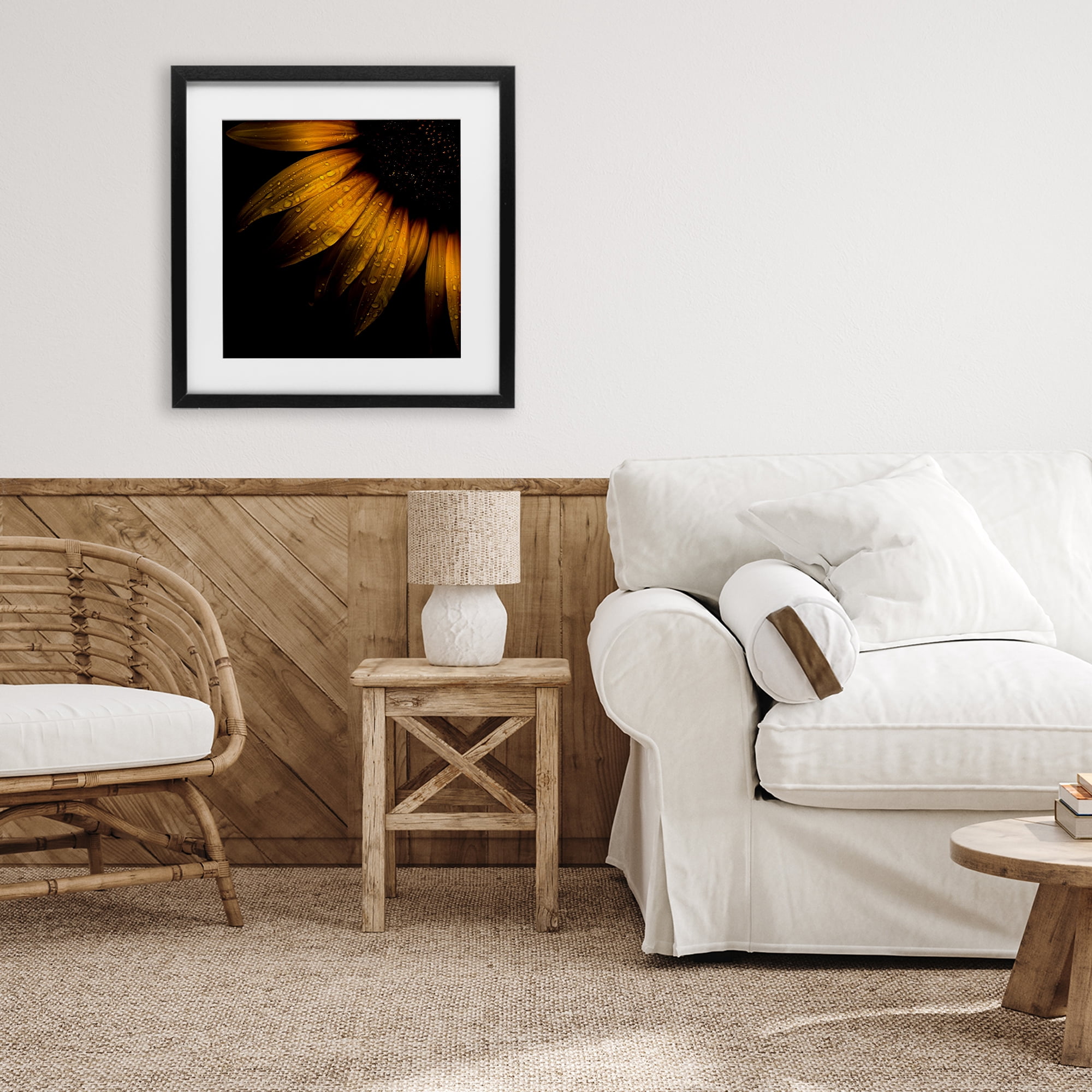 Sunflower Detail with Droplets Black Framed Print Under Glass, design by Brian Carson Photography