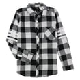 thumbnail image 1 of Project 28 Womens 3 stripe Varsity Plaid Button Up Shirt, Black, Medium, 1 of 1