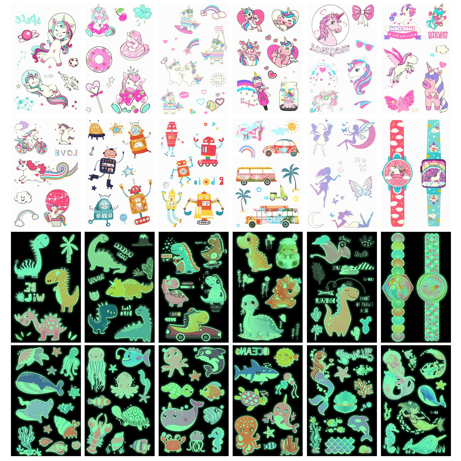 HEQUSIGNS Temporary Tattoos for Kids - 24 Sheets Glow In The Dark Mixed Style Cartoon Tattoos, Luminous Unicorn Mermaid Butterfly Animal Dinosaur Space Fake Tattoo, Boys Girls Party Favor Supplies
