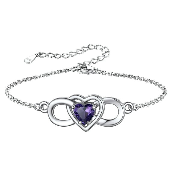 Pulsera de plata esterlina Silvora Corazón Infinito con piedra de nacimiento de amatista sintética para madre e hija - Febrero