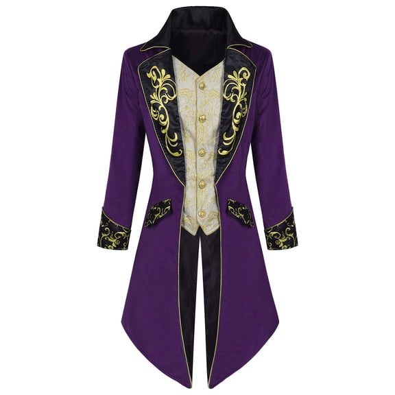 ZToonmas Men Medieval Victorian Tailcoat Jacket Faux Vest with Gold Embroidery Halloween Noble Pirate Role Play Coat