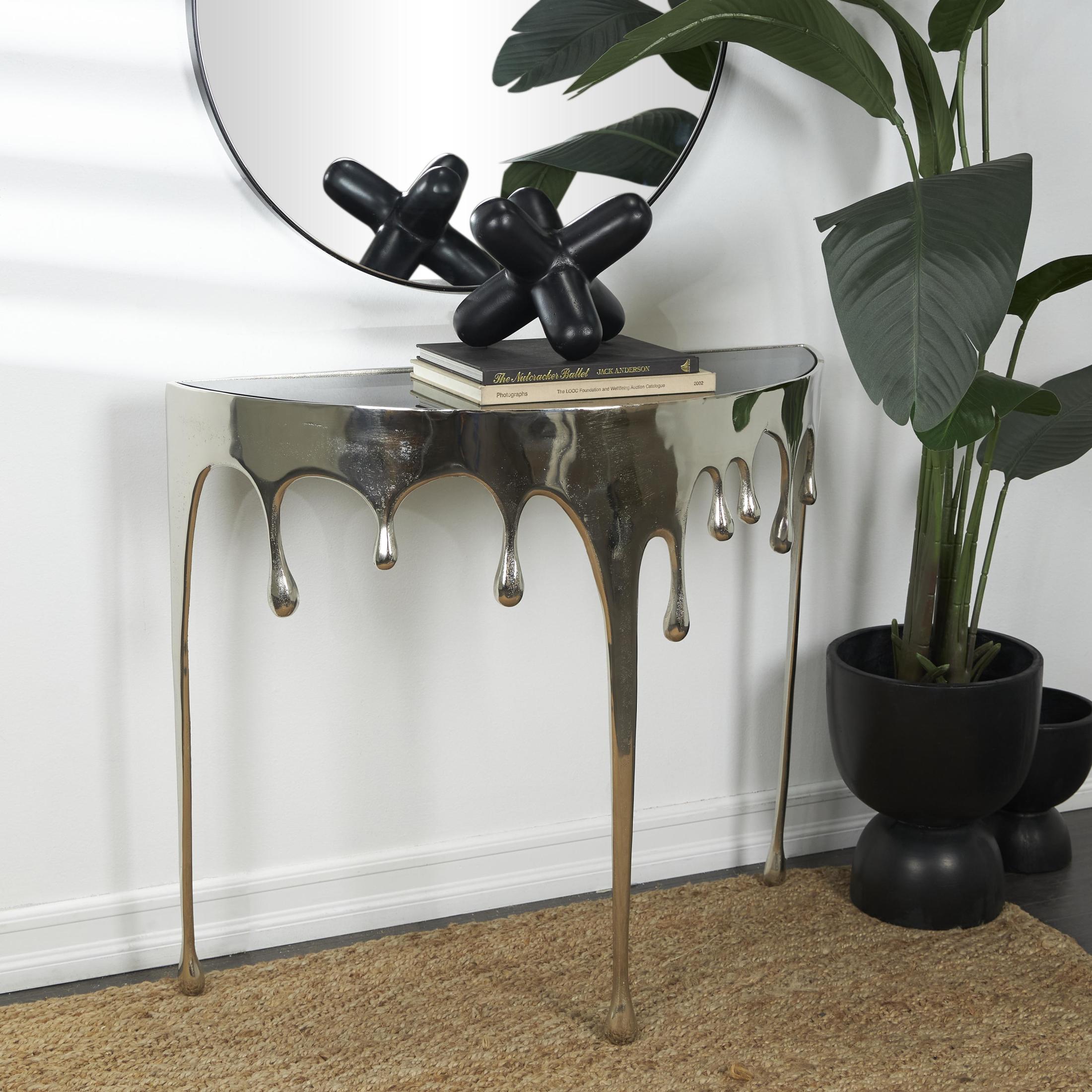 DecMode 36" x 32" Silver Aluminum Metal Half Moon Drip Abstract Console Table with Melting Designed Legs and Black Glass Top, 1-Piece