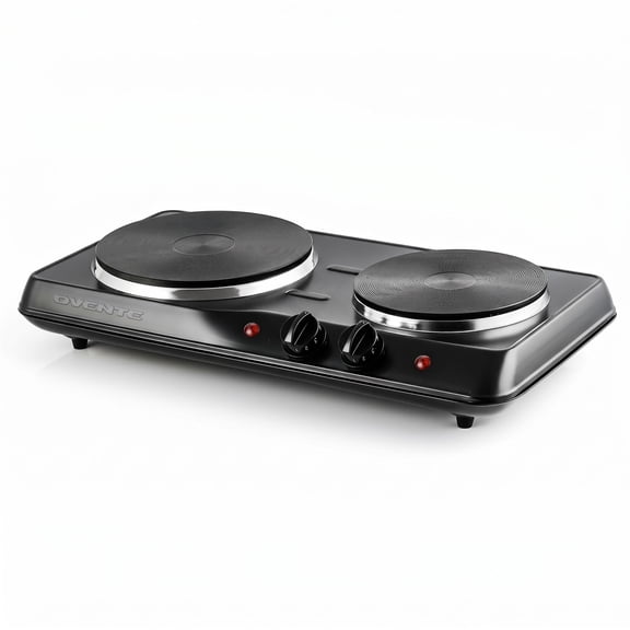 OVENTE Electric Countertop Double Burner, 1700W Cooktop with 7.25" and 6.10" Cast Iron Hot Plates, Temperature Control, Portable Cooking Stove and Easy to Clean Stainless Steel Base, Black BGS102B