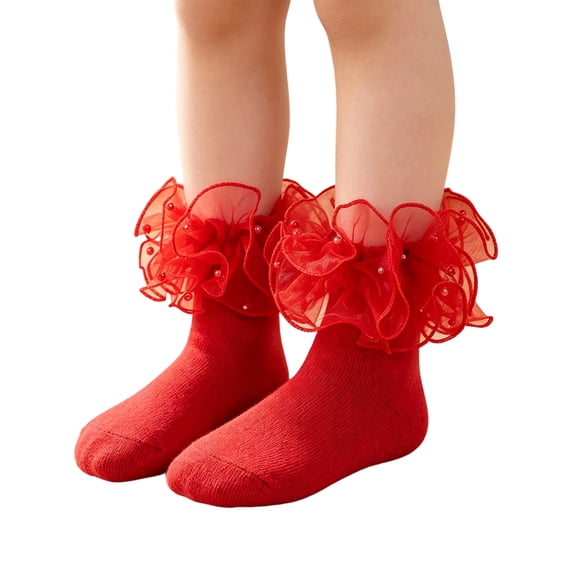 Abcomgle Girls Big Ruffle Socks Soft Cute Classic Toddler | Colorful Double Lace Frilly Cotton Dress Sock for Kids Daily School Party Birthday Breathable Lightweight Comfy Gift Red