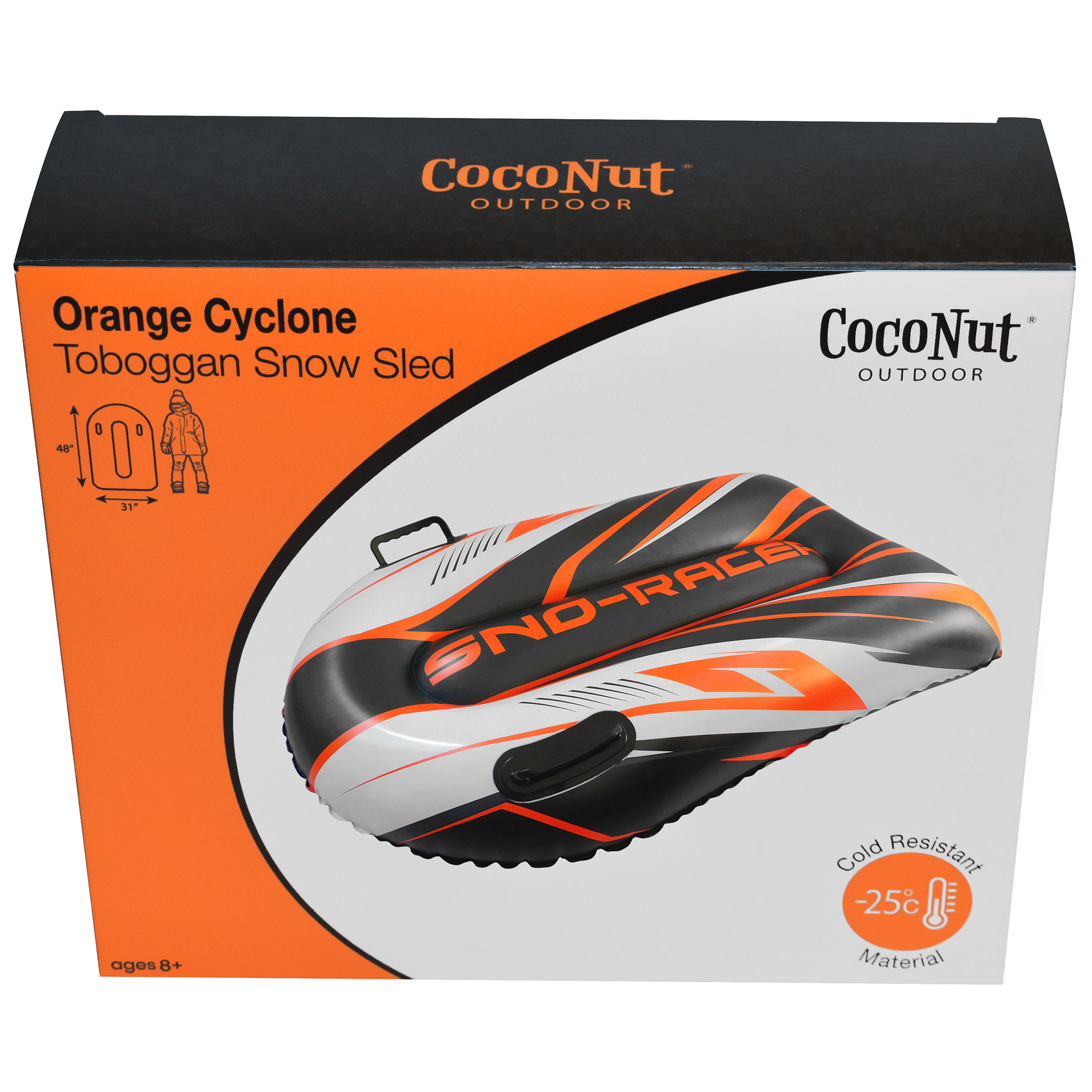 CocoNut Outdoor: Orange Cyclone Toboggan Snow Sled - 48x31" Blue-Black-White - Winter Inflatable, Cold Resistant PVC, 200lb Cap, Kids-Teens-Adults 8+