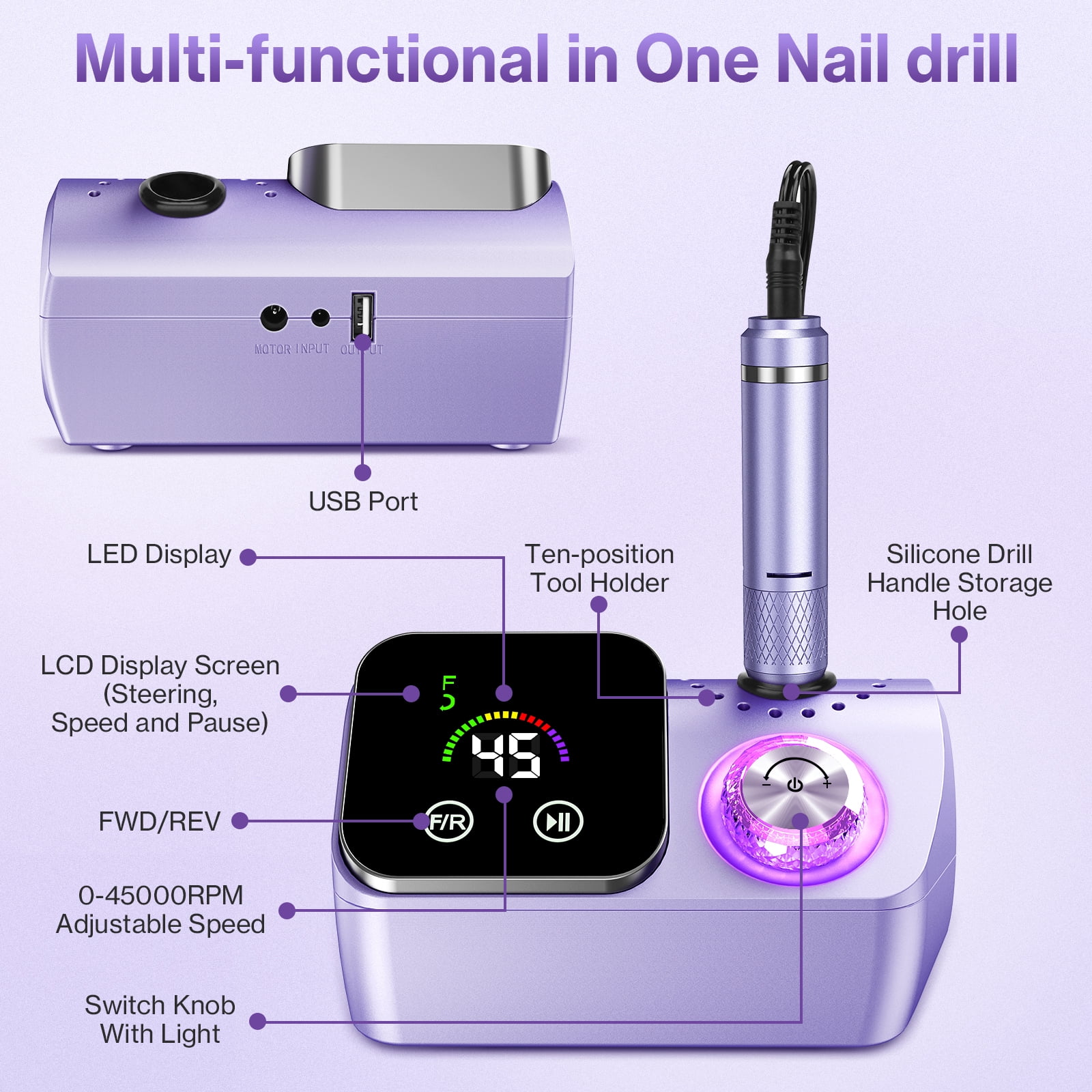 Electric Nail Drill Professional 40000RPM, Smart Touch Display Electric Nail File, Nail Drill Kit for Remover Acrylic & Gel Nails Manicure for Salon Home,Purple