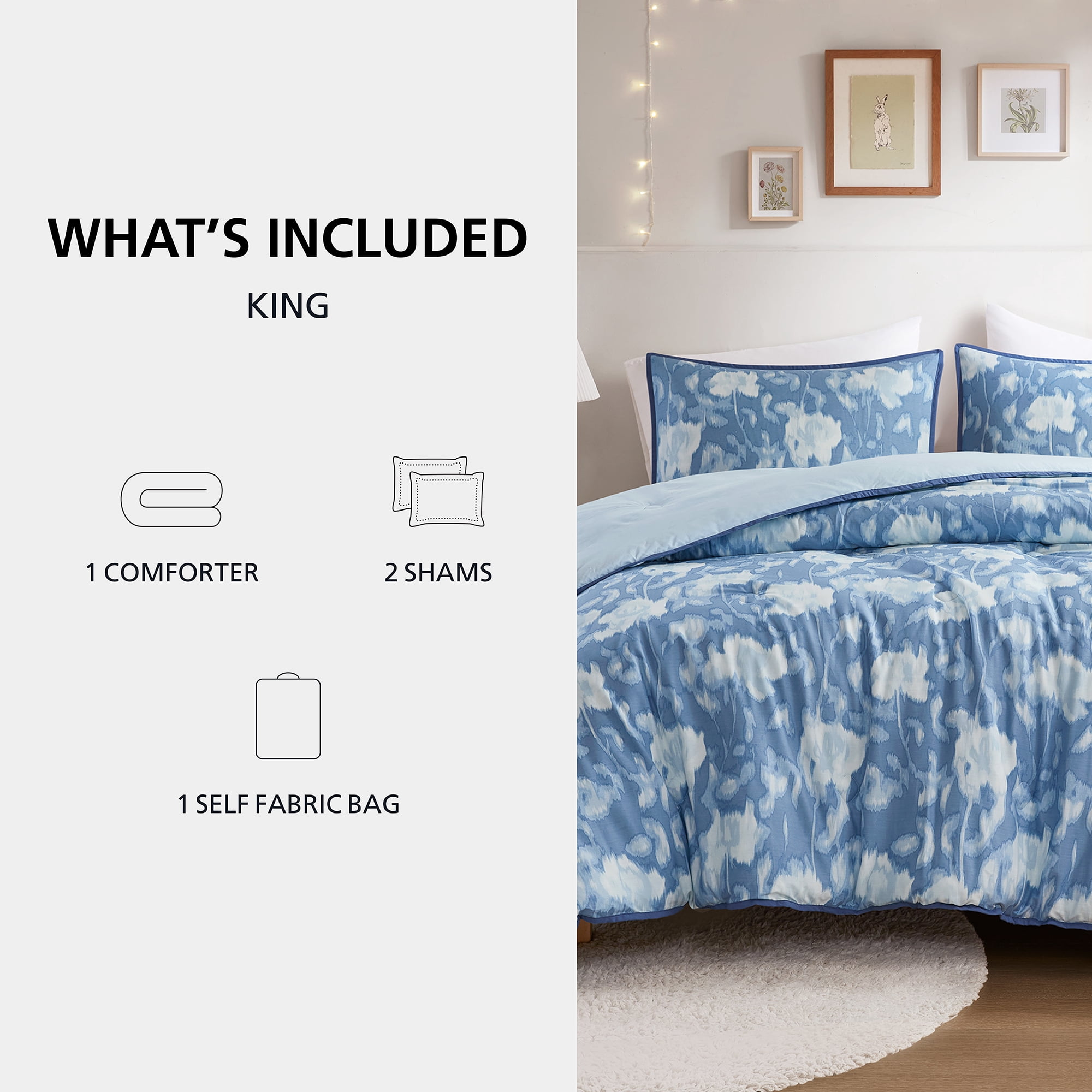 Mainstays Blurred Rose 3-Piece Blue Comforter Set, King