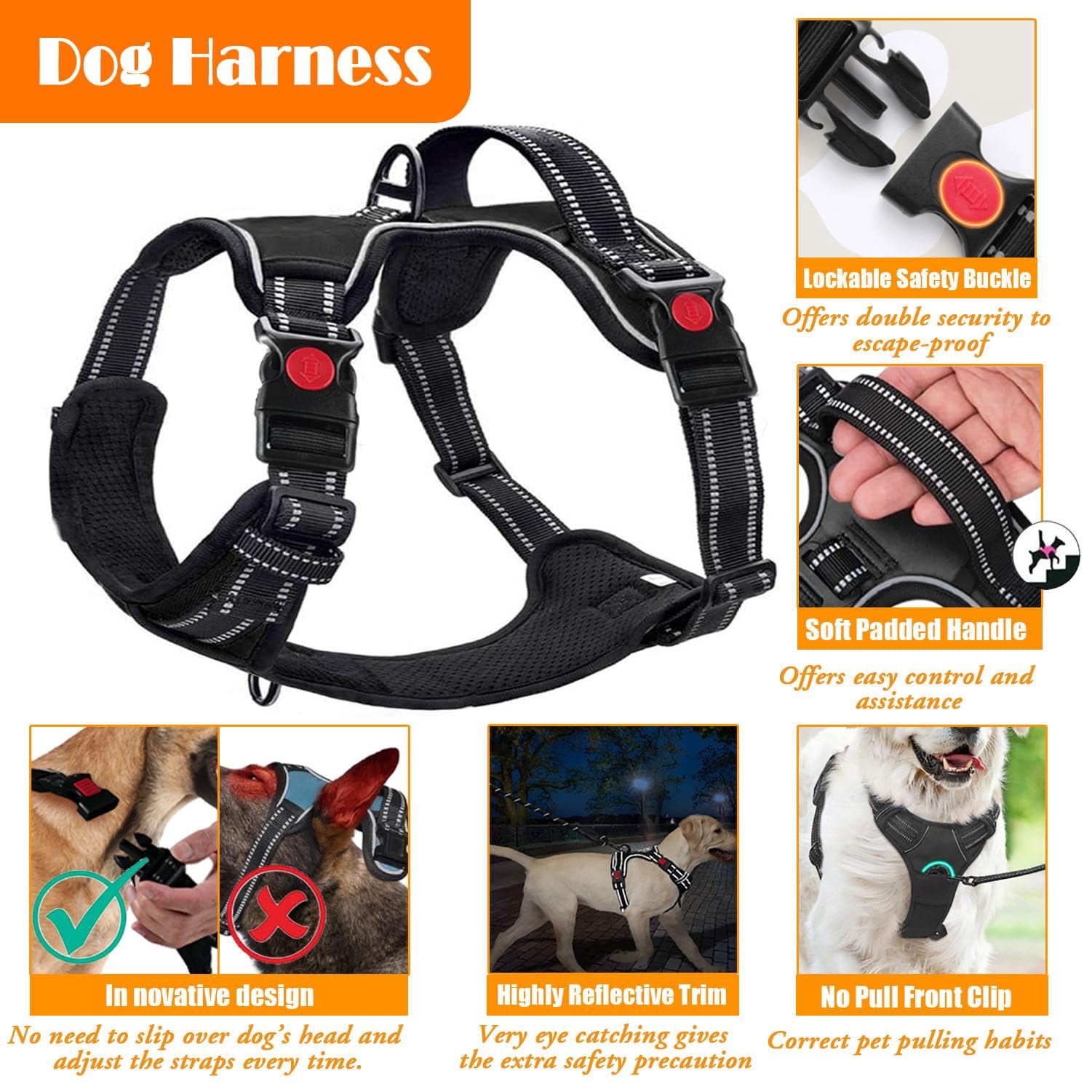 No Pull Dog Harness  Collar & Leash Set | Includes Seat Belt Collapsible Poop Bag Dispenser. Ideal For Walking Hiking. Fits Small To Large Dogs(black-l)