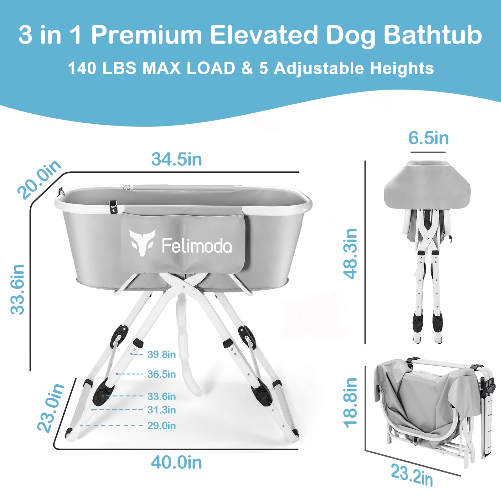 FELIMODA Elevated Dog Bathtub, Foldable Pet Washing Station with 5 Adjustable Heights, Portable PVC Dog Bath with Storage, up to 140 lbs, Grey