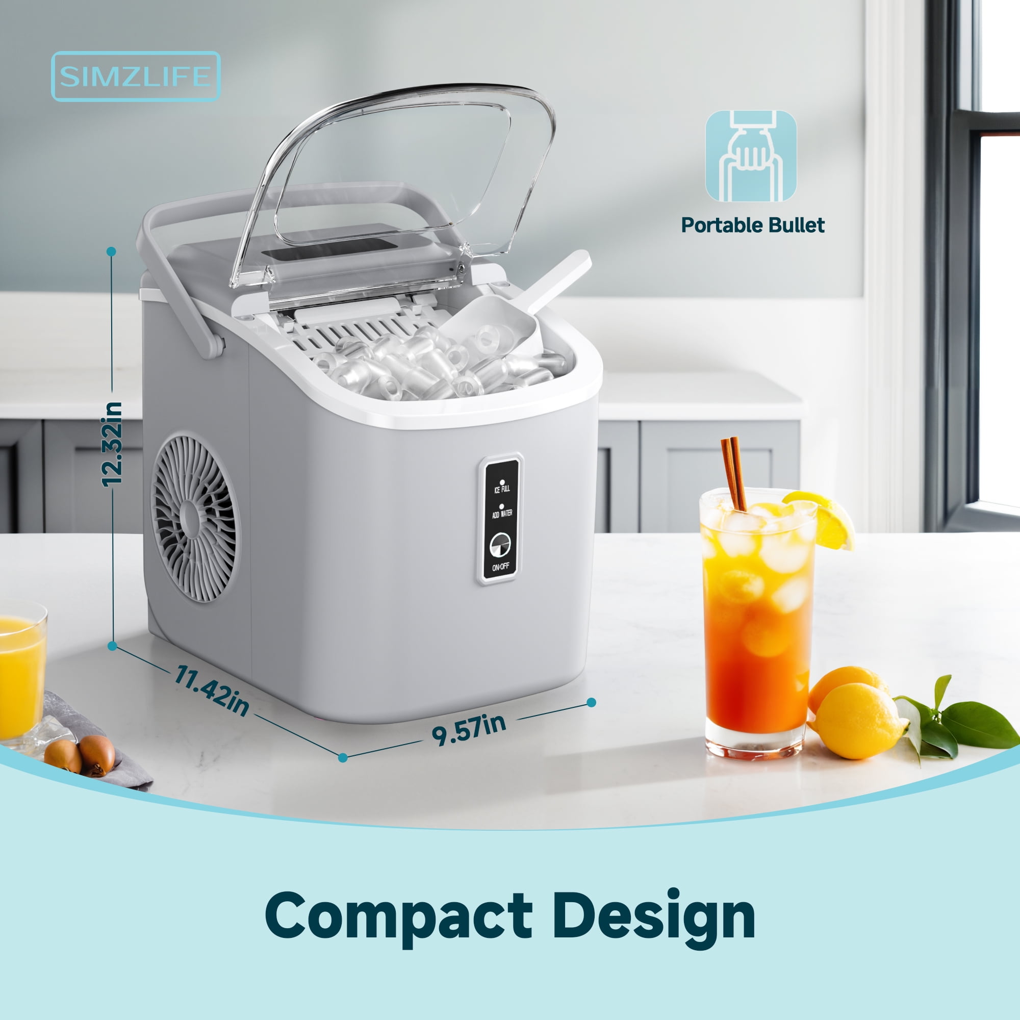 Simzlife Countertop Ice Maker with Handle,Portable Ice Machine with Basket and Scoop, 9 Bullet Ice In 6 Mins, 26Lbs/24H, Self-Cleaning