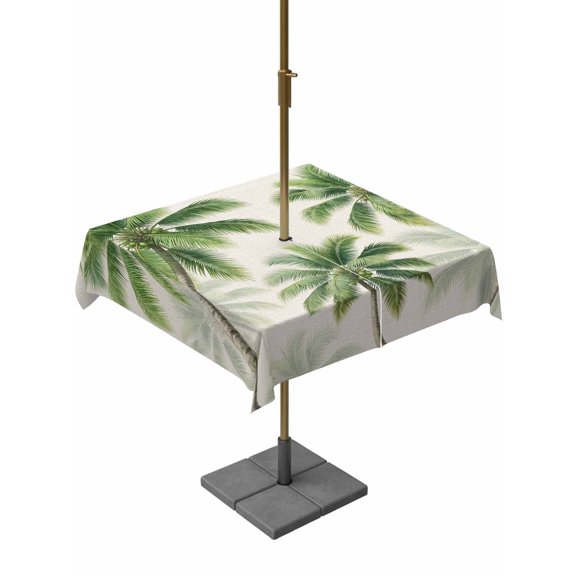 Outdoor Tablecloth with Umbrella Hole for Patio/Picnic/Party/Camping, Seaside Green Palm Trees Waterproof Table Cloth Square Cover Washable, Tropical Summer Botanical Rustic (54"x 54")