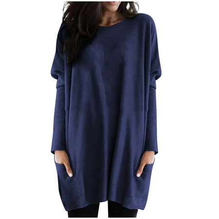 

Long Sleeve Crop Top White Shirts For Women Plus Size Tops Scrub Tops Fashion Casual Solid Color Pockets O-Neck Loose Cotton Tops T-Shirts (4XL Navy) TBKOMH