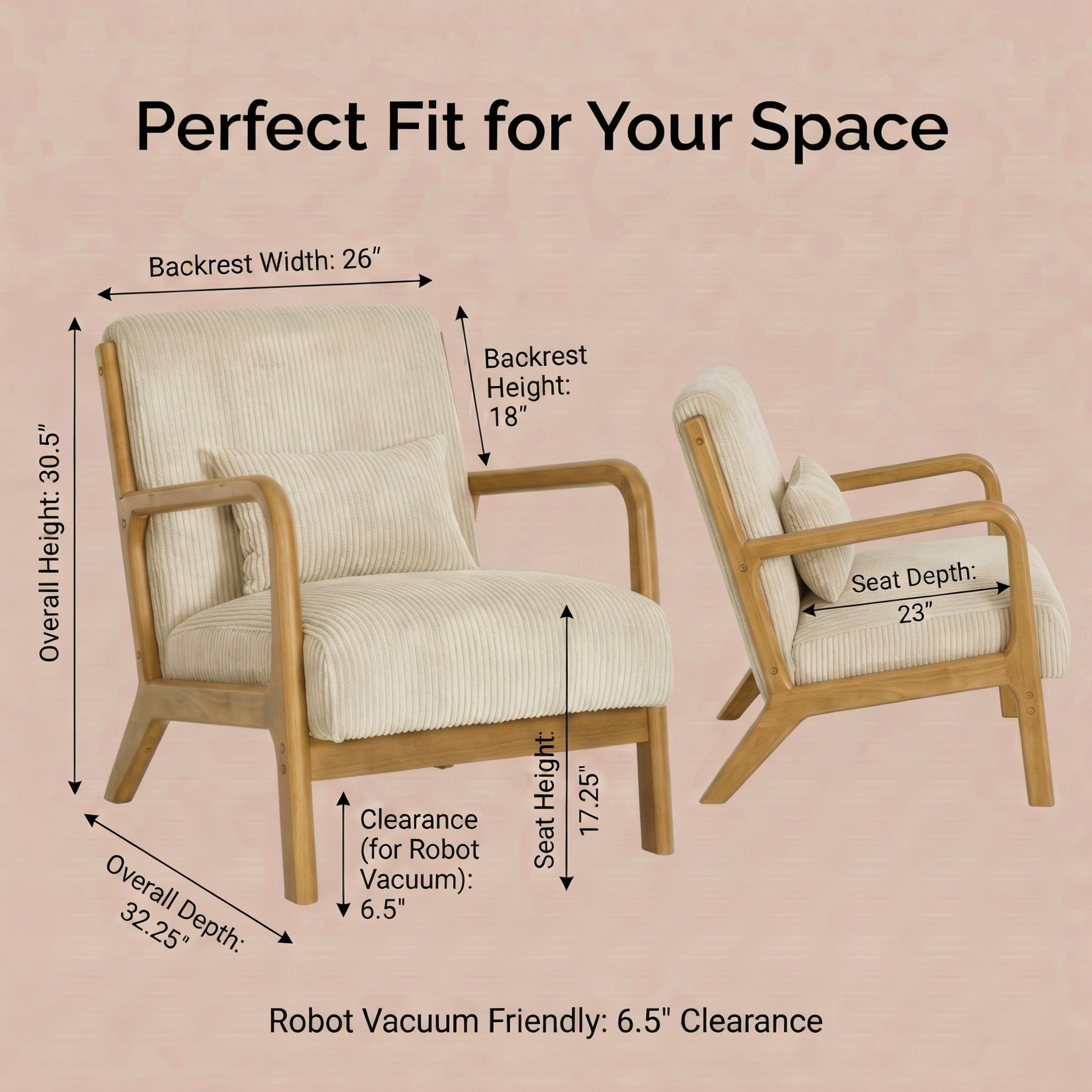 Mid-Century Modern Corduroy Accent Chair with Solid Wood Frame & Lumbar Pillow, Beige