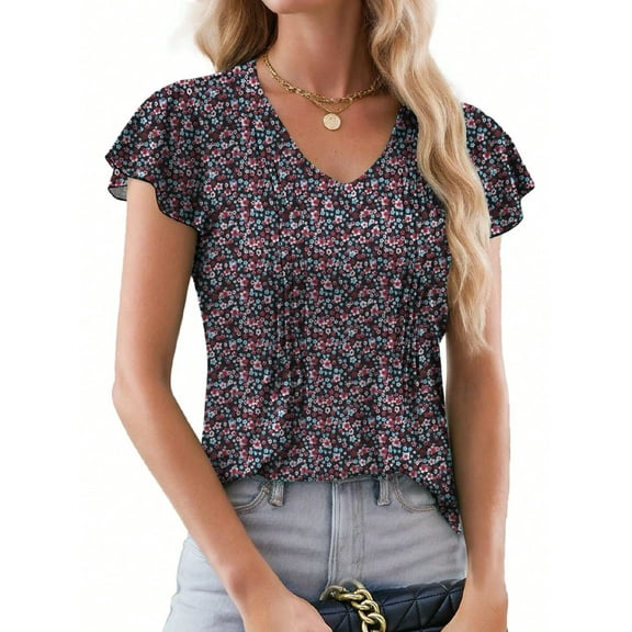Womens Tops Dressy Casual Summer Flutter Sleeve T-Shirts Trendy Ruffle Short Sleeve Loose V-Neck Tunic Tops