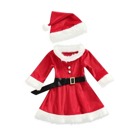 

BrilliantMe Kids Baby Girls Christmas Skirt Set Fluffy Boat Neck Dress Hat Waist Belt Santa Outfits Red 4-5 Years
