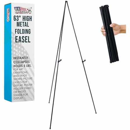 U.S. Art Supply 63" High Steel Easy Folding Display Easel, Instantly Collapses, Adjustable Display Holders, Portable