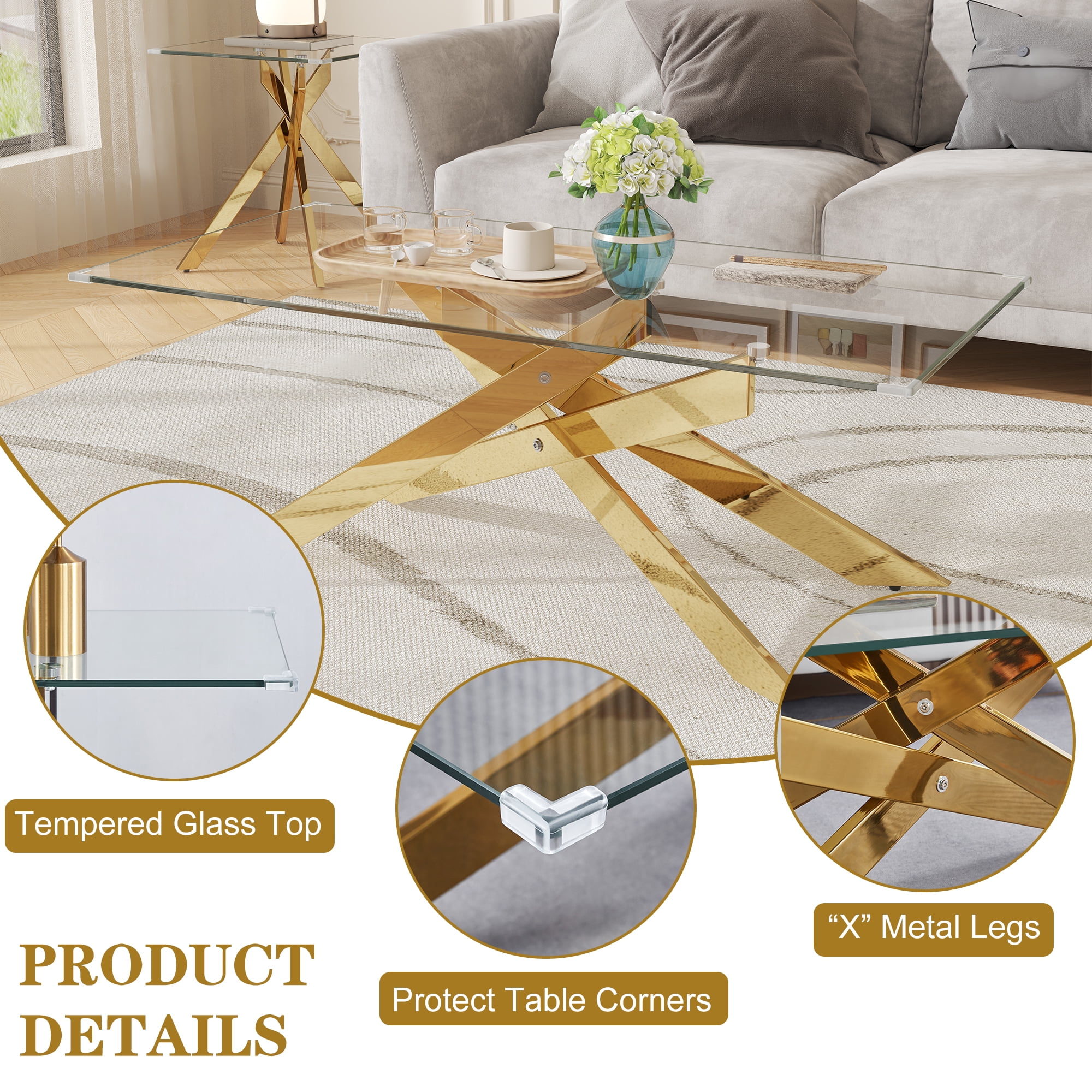 3-Piece Tempered Glass Table Set, Coffee Table, Console Table & End Table with Geometric Metal Legs for Living Room, Office