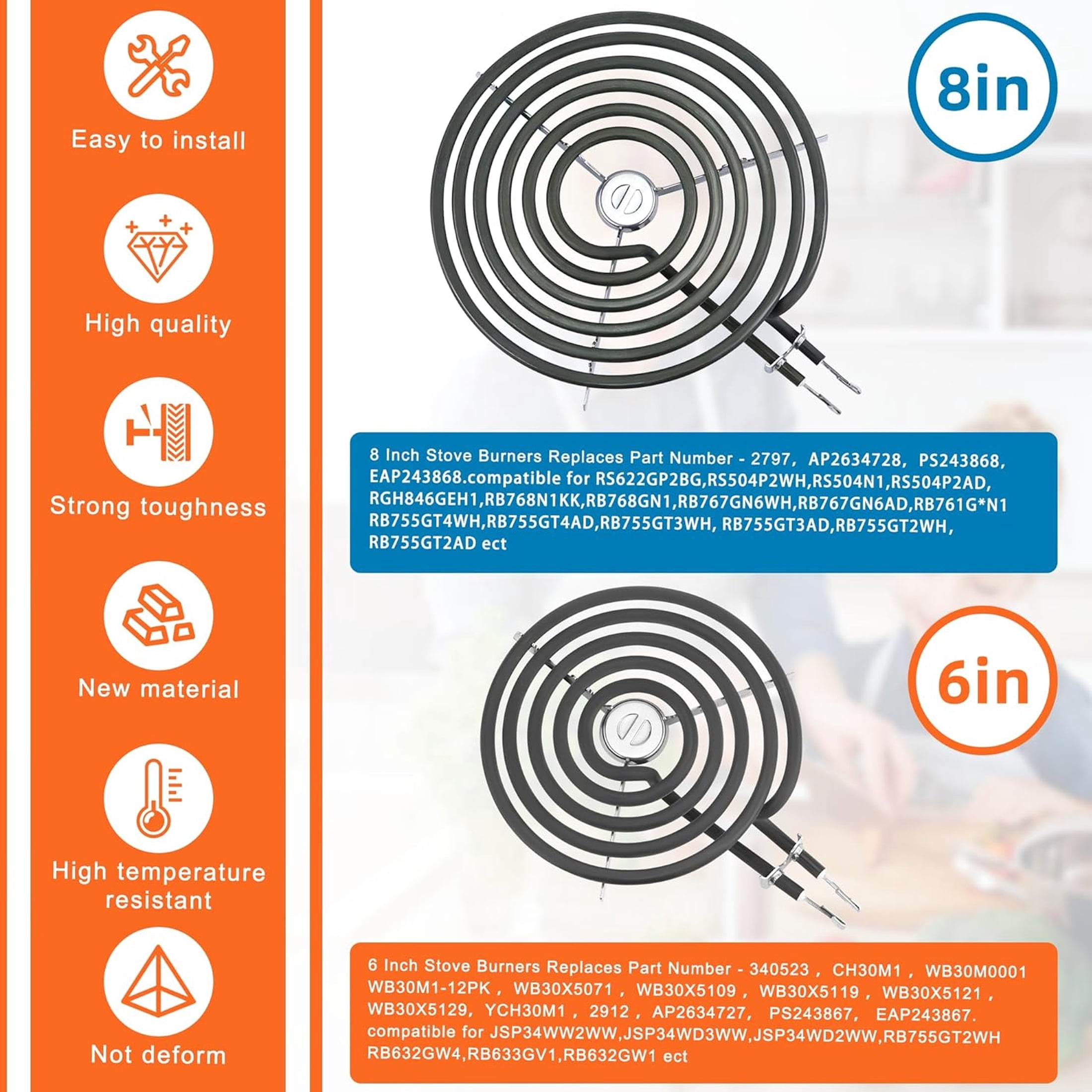 WB30M1 and WB30M2 Electric Stove Burner Element Replacement Compatible with GE Hotpoint Electric Range Stove - 2 * 8" and 2 * 6"