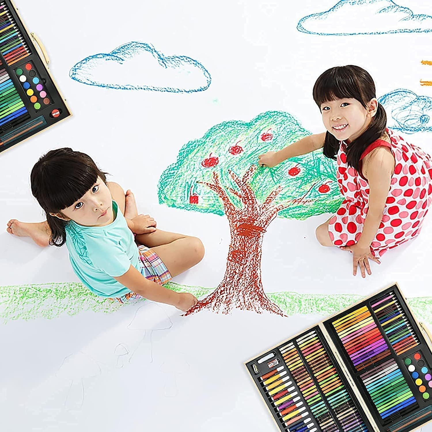 GoXteam Wood Art Set, Art Box & Drawing Kit Color Set, Art Supply Gift For 4-12 Age, Art Kit with Compact Portable Wooden Case, Kid Drawing Set All The additional supplies