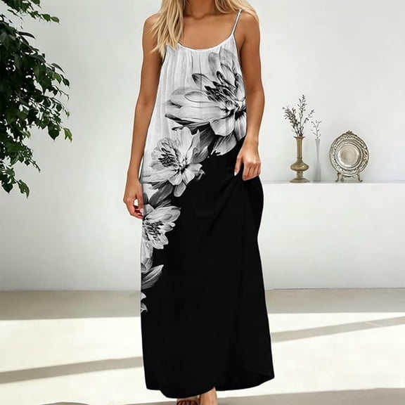 Sakmal Maxi Womens Backless Cami Dresses Spring Mumu House Dress Sleeveless Crew Neck Floral Ladies Sundress L
