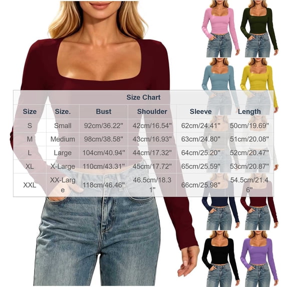 Perfectbot Women's Square Neck Fitted T-Shirt Long Sleeve Crop Ruched Waist Stretchable Basic Tee Shirt