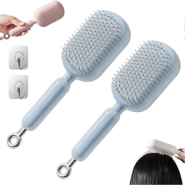 Cepillo desenredante para el cabello con cojín retráctil y cerdas autolimpiables, peine masajeador antiestático para el cuero cabelludo, 2 unidades, color azul.