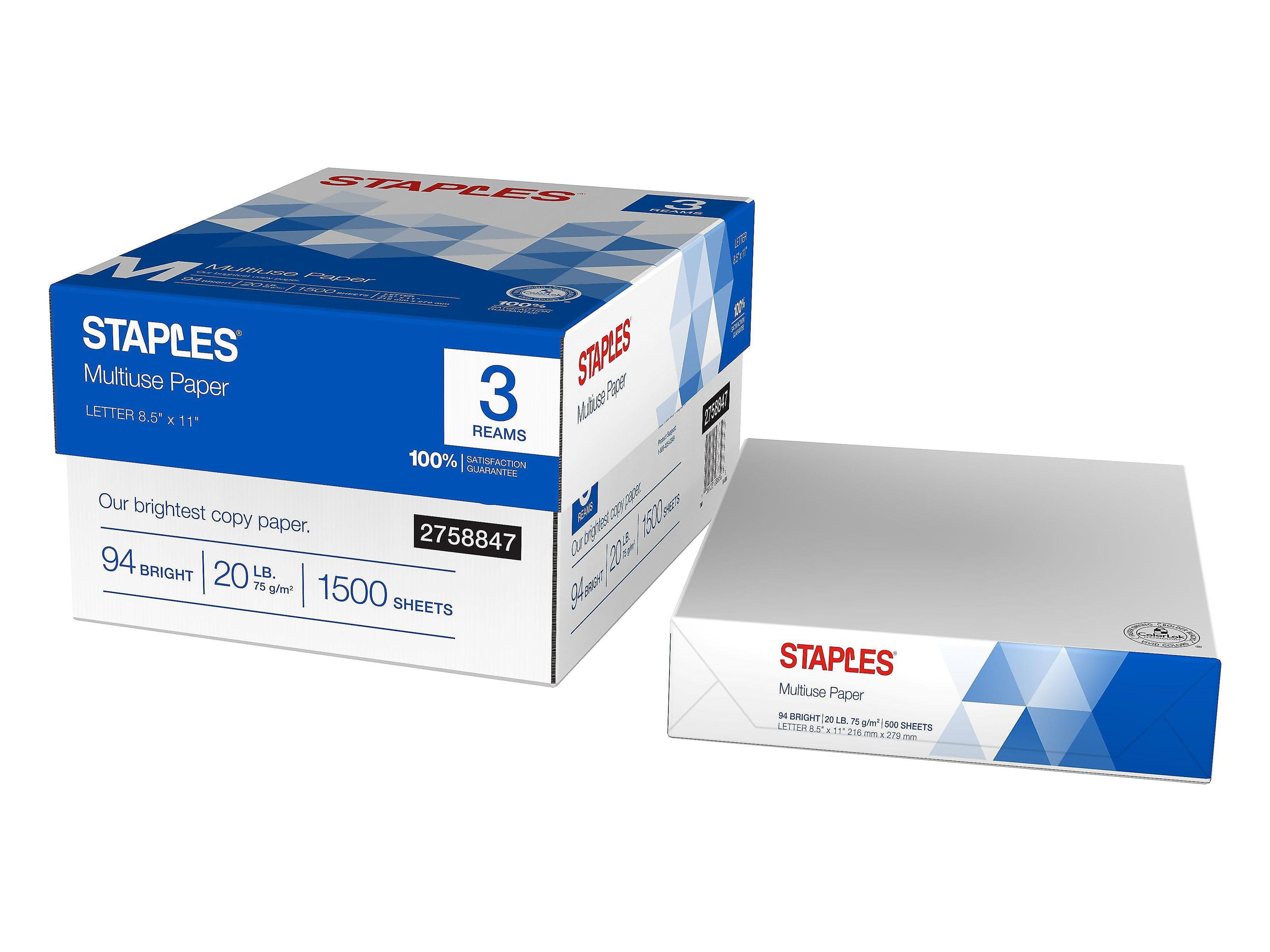  Staples Multipurpose Copy/Fax/Laser/Inkjet Printer Paper, 96  Brightness, 20 lb, Letter Size (8.5 x 11), 5 Reams Pack, 2500 Total Sheets  (513099-5 Ream Multipack) : Office Products