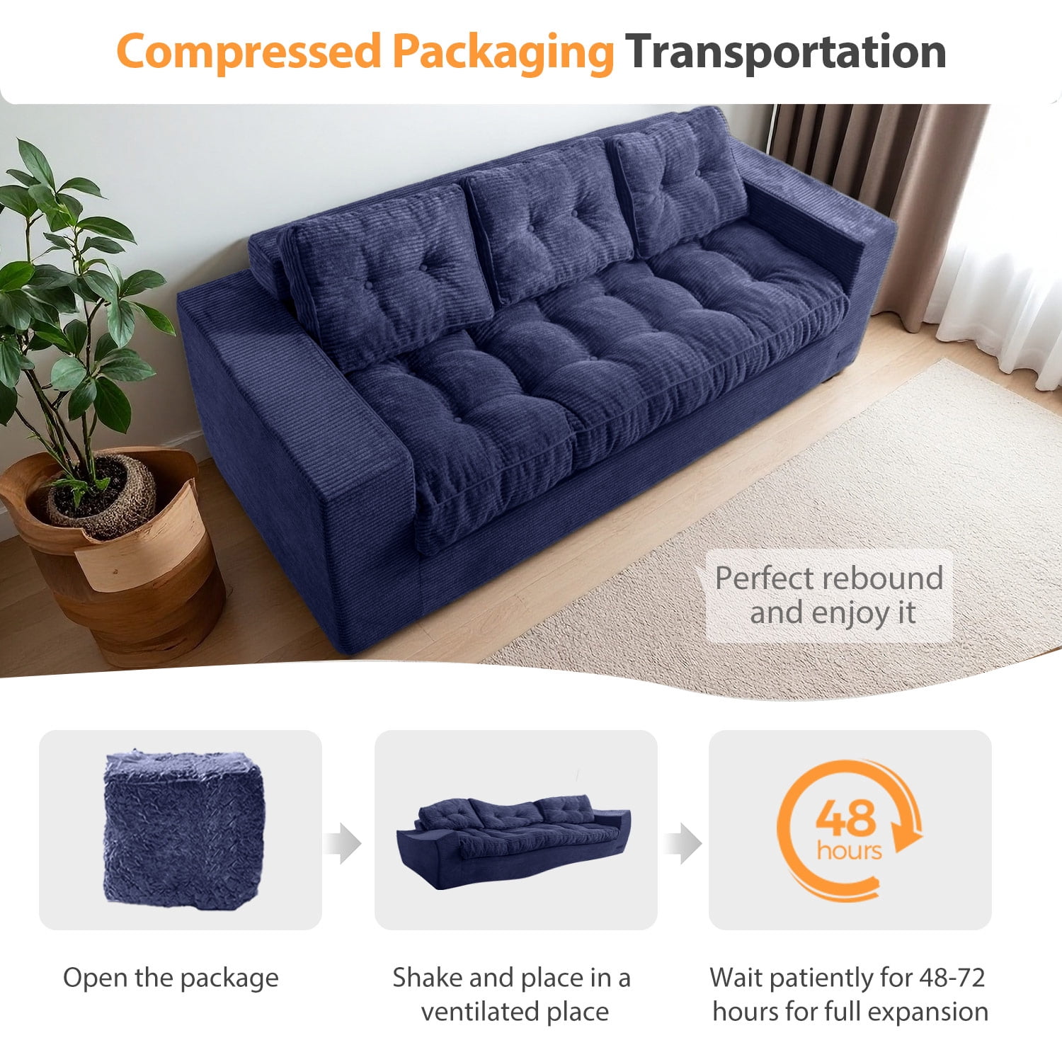 BYBYME 3 Seater Couch with Tufted Cushion & Backrest,Corduroy Floor Sofa with Armrests for Living Room Bedroom Office,Sofa in A Box,No Assembly Required,Navy