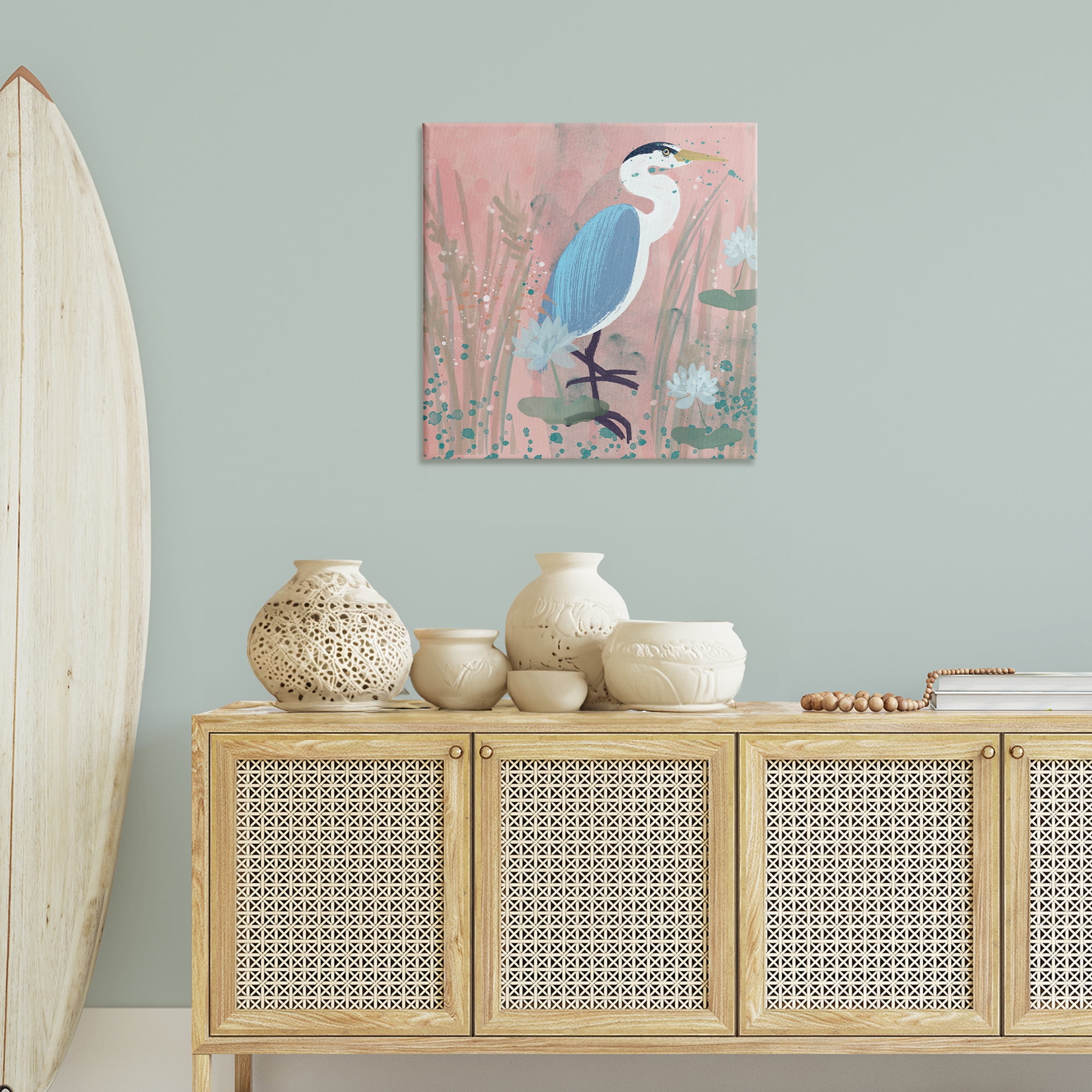 Stupell Industries Coastal Bird with Lotus Flowers Animals & Insects Painting Gallery Wrapped Canvas Art Print Wall Art, 30 x 30