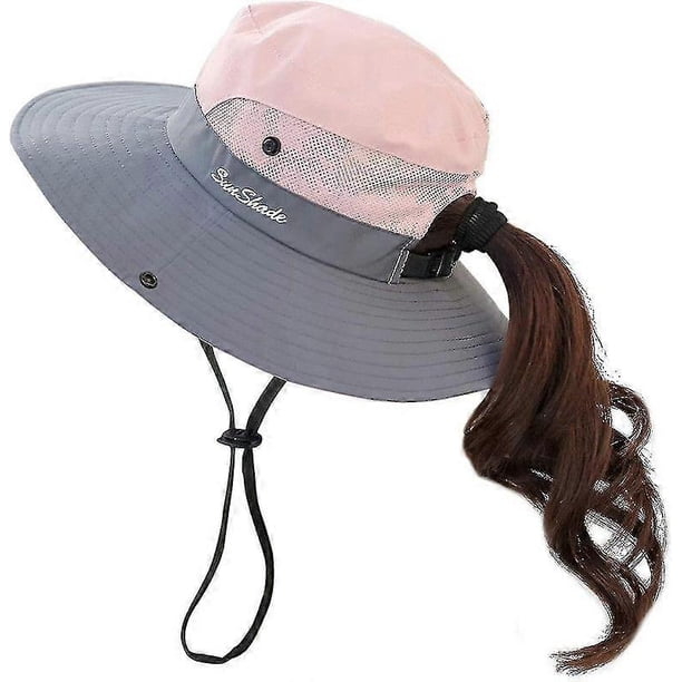 Sombrero de verano para mujer de malla con ala ancha, protección solar UV y orificio para coleta.