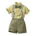 thumbnail image 2 of Fesfesfes 1-9 Years Boys Summer Formal Set Fashion Breathable Cotton Button Collar Striped Shirt with Elegant Bow Strap Pants with Pockets(Mint Green,5 Years), 2 of 9