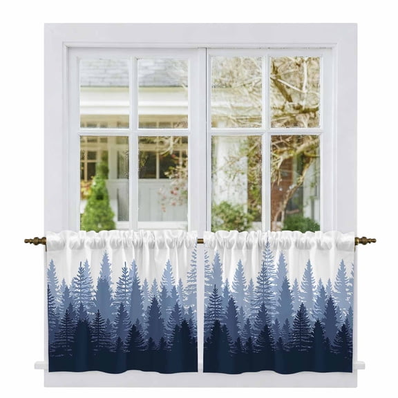 Navy Blue Ombre Tier Curtains, Primeval Forest Modern Abstract Art Aesthetics Light Filtering Kitchen Curtains, 2Pcs Rod Pocket Half Window Treatments Panels for Sink Cafe Cabinet Camper 27.5x36In
