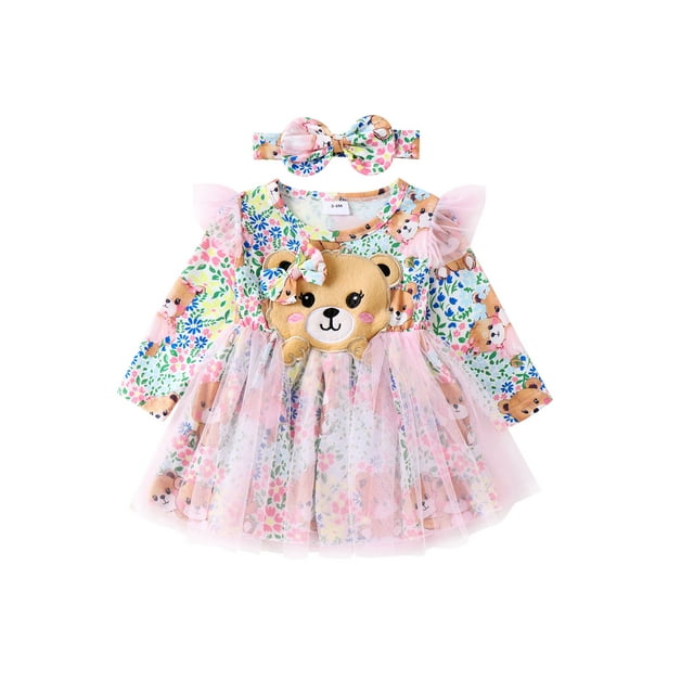 EYIIYE Robe Princesse d'Automne pour Tout-Petit Fille, Robe à Manches Longues Ligne A, Robe en Tulle Patchwork à Imprimé Ours et Fleurs, Robe à Col Rond, Robe de Fête, Jolie Robe Quotidienne avec Bandeau à Nœud