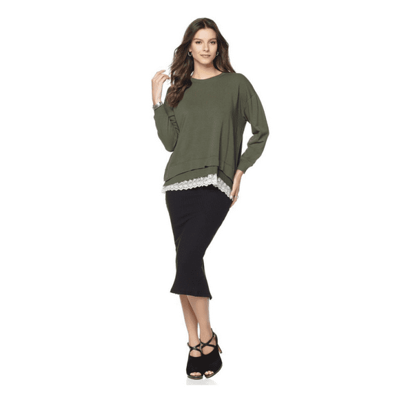 Daisy Fuentes Layered Lace-Trimmed Sweatshirt in Moss, Small