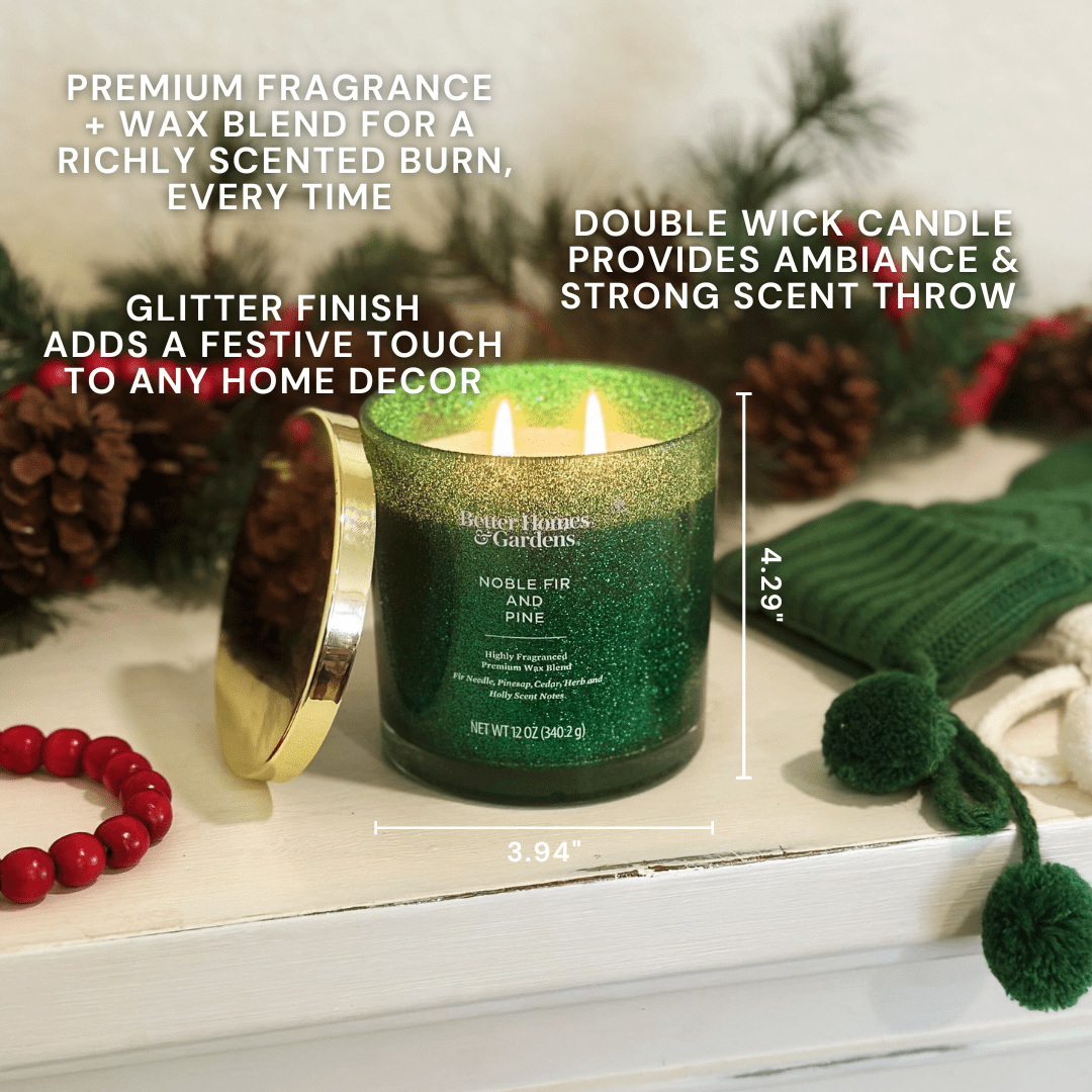 Better Homes & Gardens Noble Fir & Pine Scented 2 Wick Glitter 12oz Jar Candle