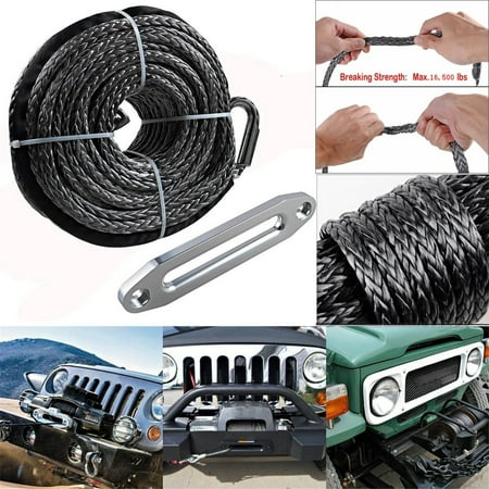 Synthetic Rope - 3/8'' x 95'' Car Gray 16500LBs Synthetic Winch Line Cable Rope + Hawse Fairlead