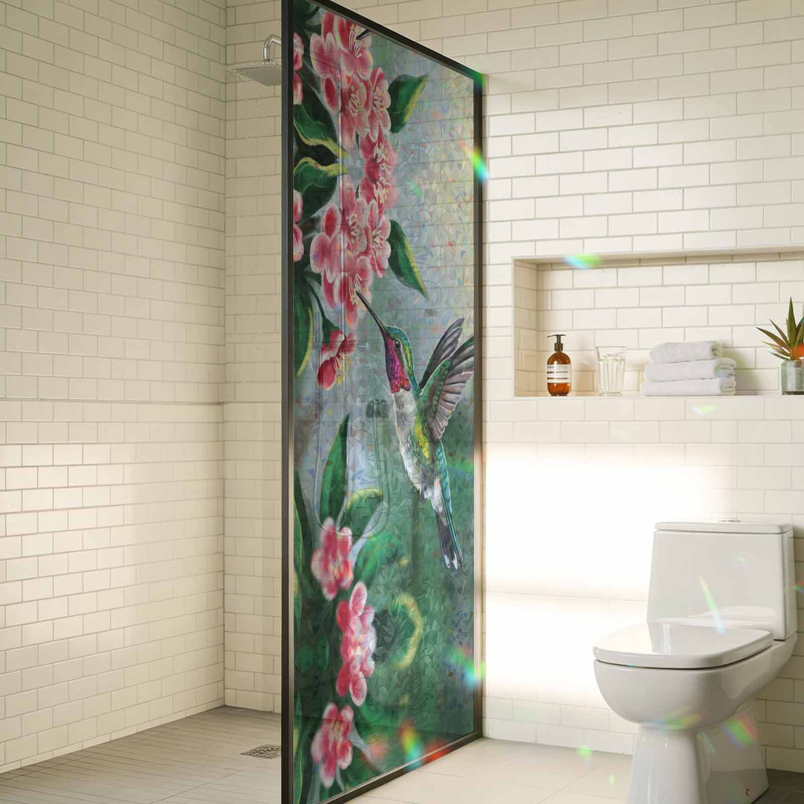 Rainbow Window Privacy Film, Green Hummingbird Static Cling Decorative Window Film PVC, Spring Summer Pink Flower Leaf No Glue UV Blocking Glass Covering, Removable Stained Glass Sticker 23.6''x59''