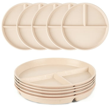 9-Inch Wheat Portion Control Plate, 5-Piece Unbreakable Plastic Adult Portioning Plate, Dishwasher Safe/Reusable, 3 Sections Of Round Kids Separate Plates For Healthy Eating And Weight Loss (Beige)