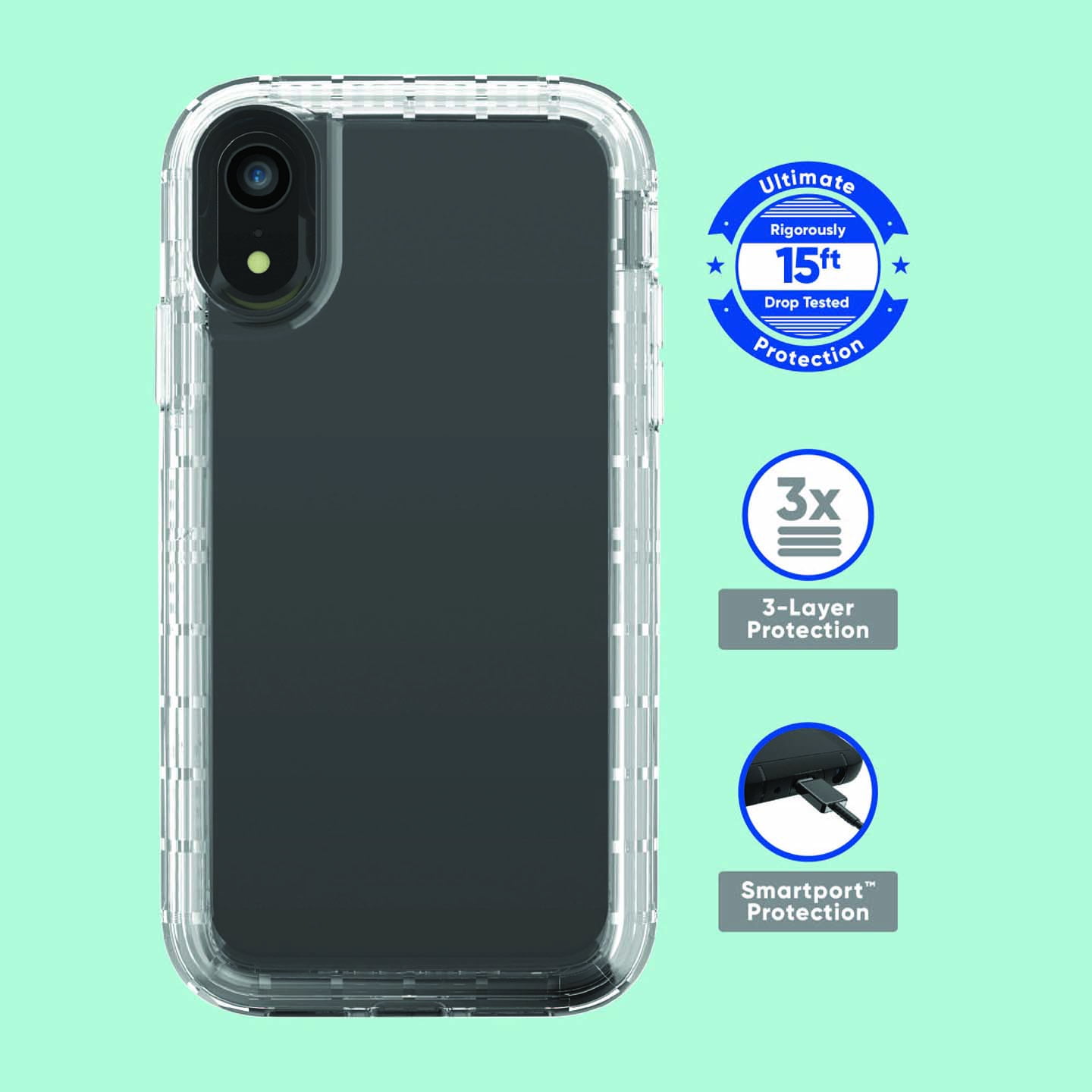onn. Clear Rugged Case with BuiltIn Antimicrobial for iPhone XR