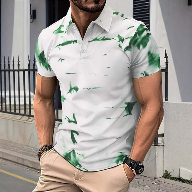 Mens Shirts Plus Size under $5 Short Sleeve Turndown Collar Button Color Block Polo T-Shirt Summer Collared Golf Shirt Green XXL