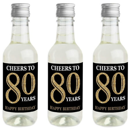 Big Dot of Happiness Adult 80th Birthday – Gold – Mini Wine & Champagne Bottle Label Stickers – Birthday Party Favor Gift for Women & Men – Set of 16