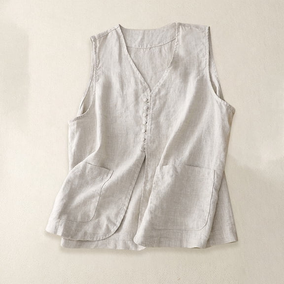 Women's Soild Color Single-Breasted Linen Vest, Sleeveless Casual Cotton Linen Waistcoat Jacket, Lightweight Summer Layering Piece for Tops and Dresses Beige L