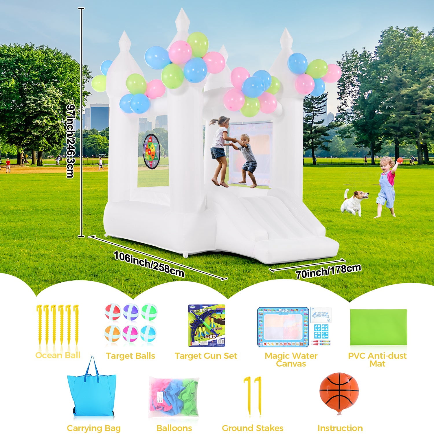 Funcid Inflatable Bounce House, Indoor Outdoor Bouncy Castle with Slide, Blower & 108 Air Balloons for Kids 3-8, 102"x70"x97", White